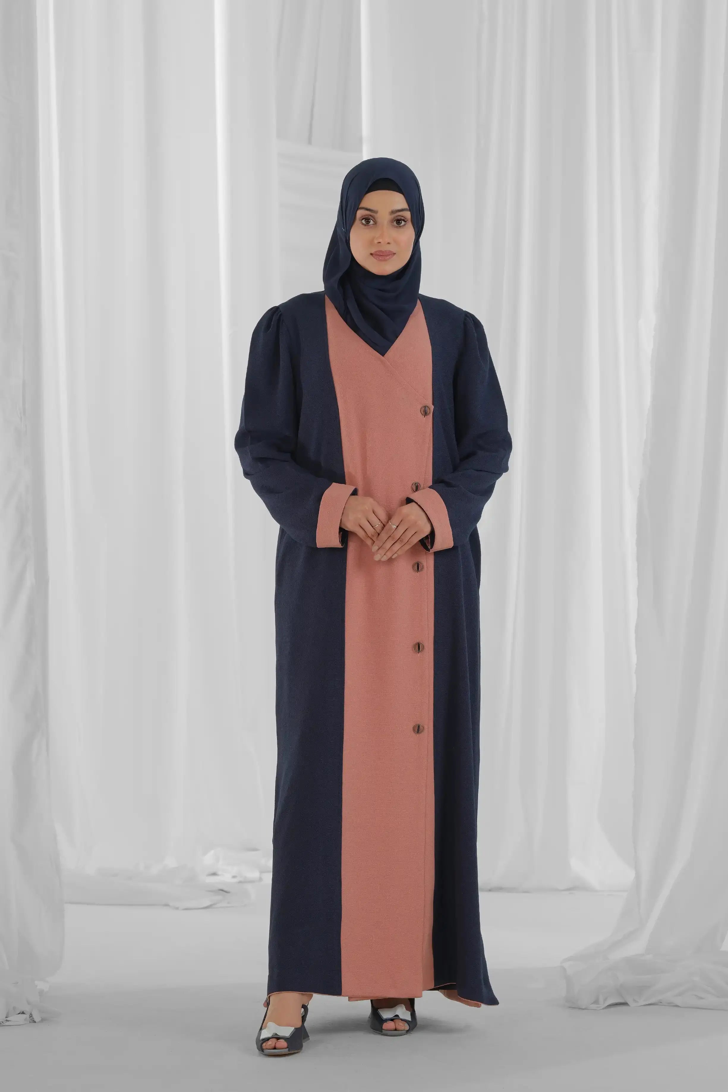 Creamy Peach Navy Blue Abaya