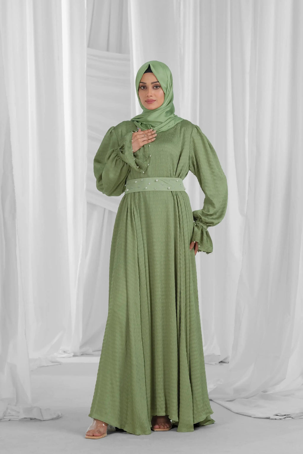 Ruched Green Abaya