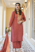 Rust Elegance - Hand Embroidered Silk Ensemble