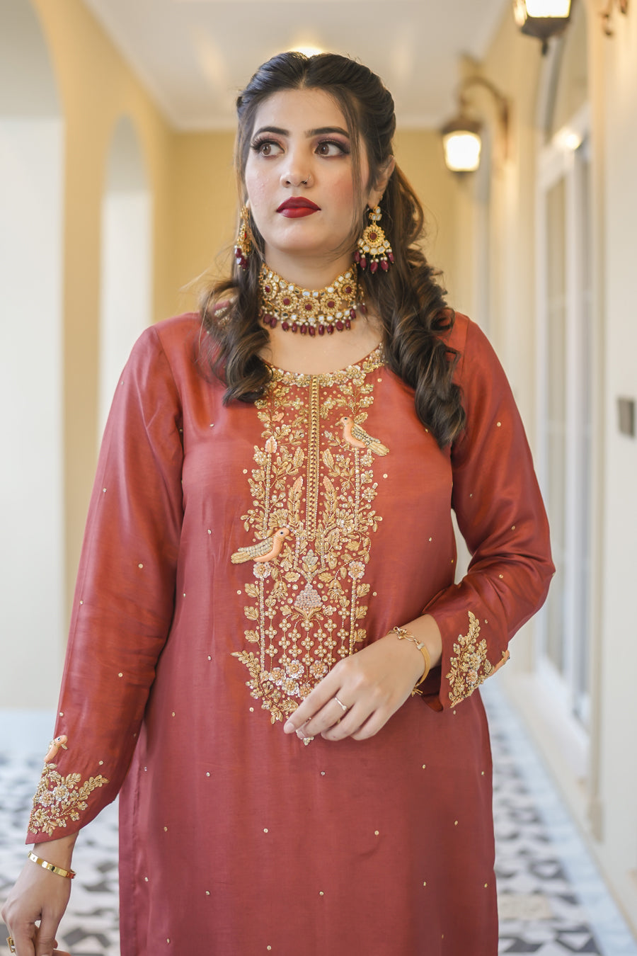 Rust Elegance - Hand Embroidered Silk Ensemble