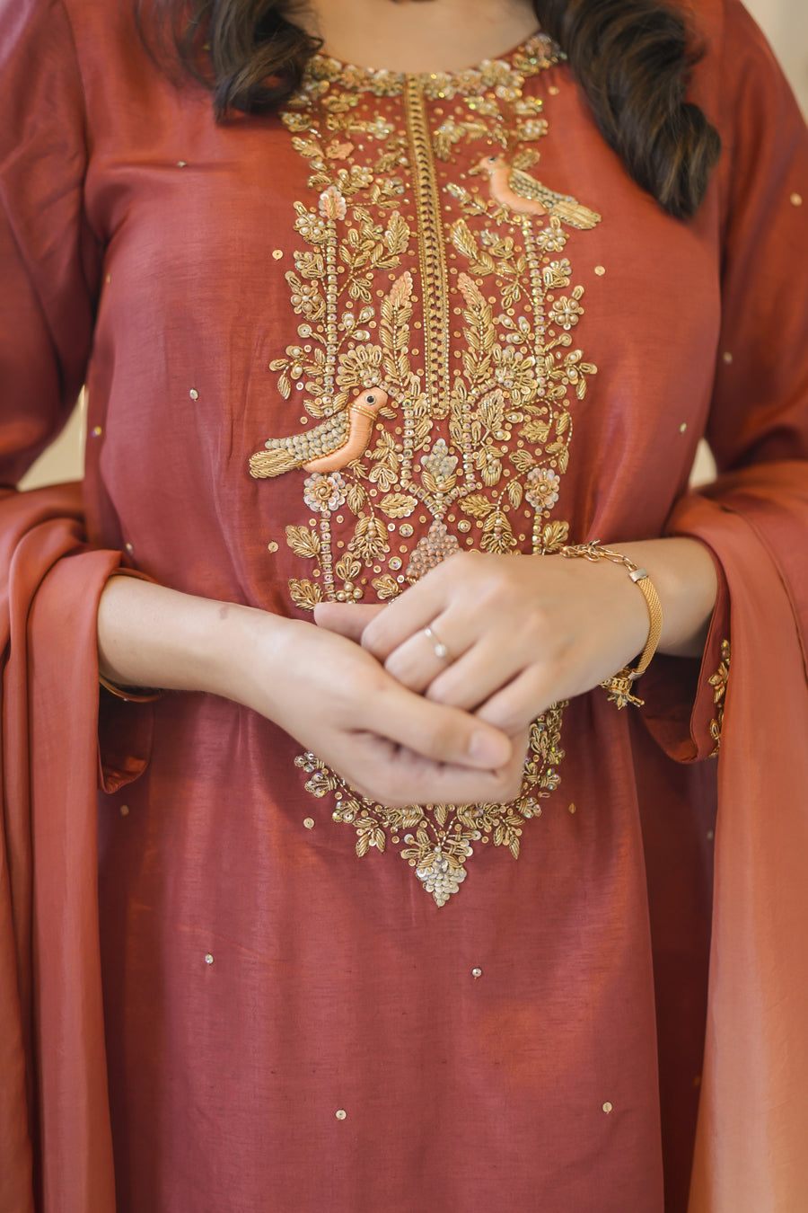 Rust Elegance - Hand Embroidered Silk Ensemble