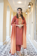 Rust Elegance - Hand Embroidered Silk Ensemble