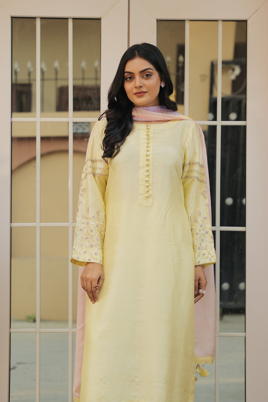Soft Lemon Serenity - 3 Piece Embroidered Suit
