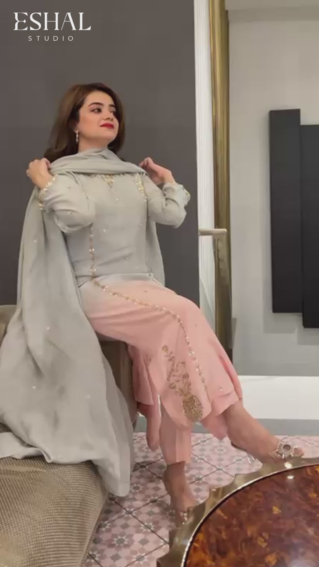 blush and grey embellished woman suite