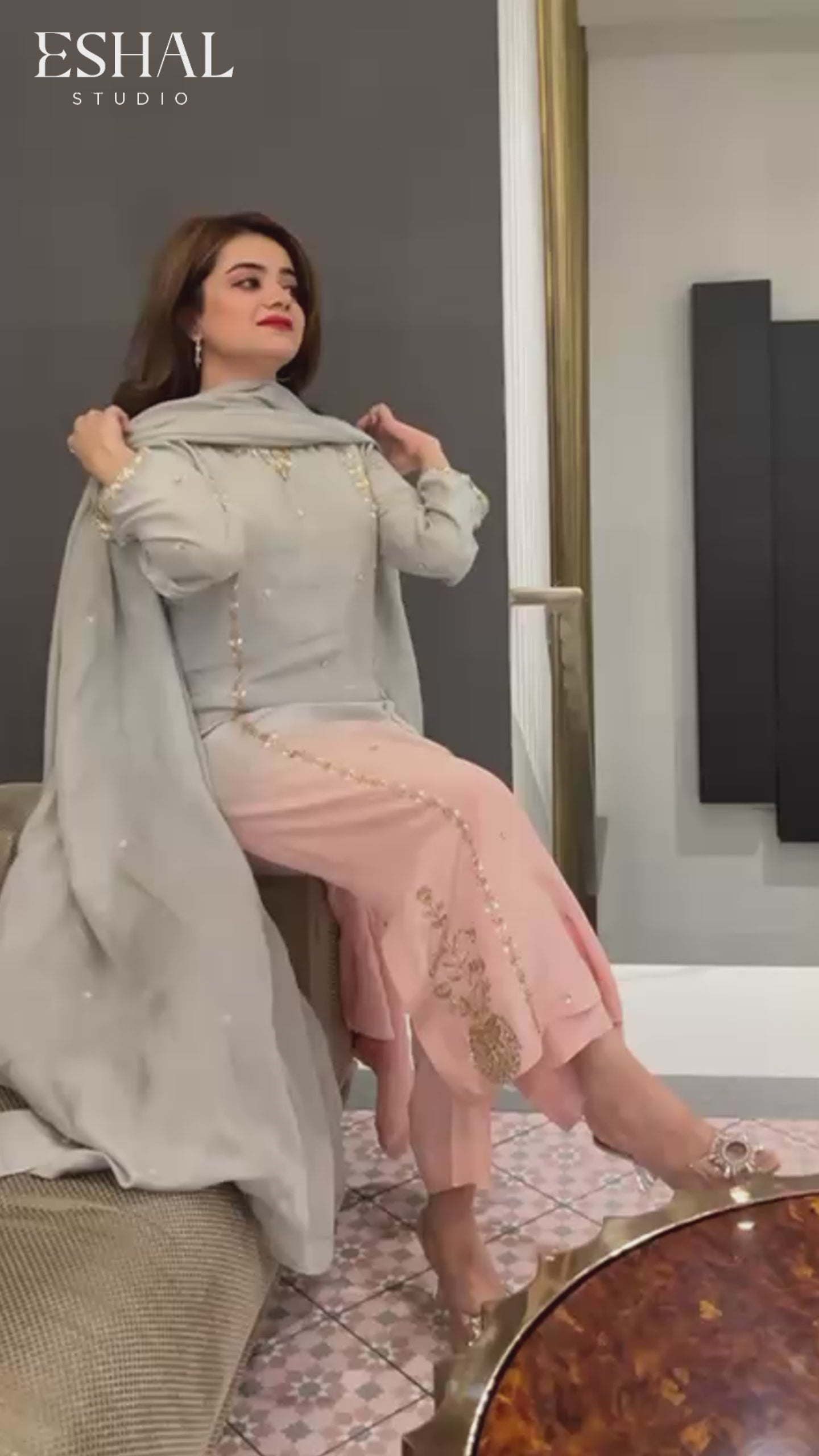 blush and grey embellished woman suite